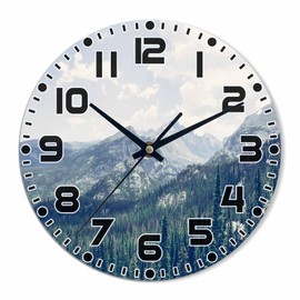NOMEDOGYIM Mountain Peaks Wall Clock 10 inch Round Rocky Mountains Under The Clouds Silent Non Ticking Wood Wall Clocks Battery Operated Decorative Wall Clock for Bedroom Kitchen Living Room Bathroom