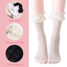 Meifiyu 3 Pairs Lace Ruffle Socks, Ankle Socks Ruffle Costume Socks Women, Lace Socks, Dirndl Socks Women, for Gothic Clothing Women, Coquette Cothes, White