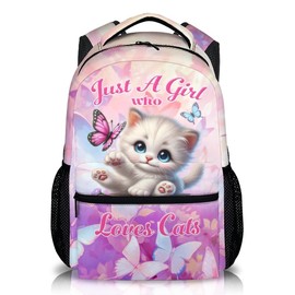 IWANGIFT School Backpack for Kids Girls, 17 Inch Cartoon Cat Backpack for Kids Girls Age 6-8, Pink Lightweight School Bag for Preschool, Primary, Kindergarten, Back to School Gifts