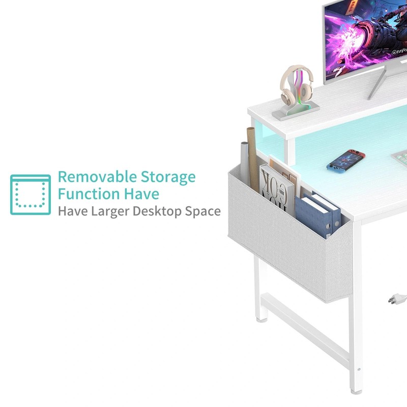 Lufeiya Small White Desk with LED Lights and Power Outlets,