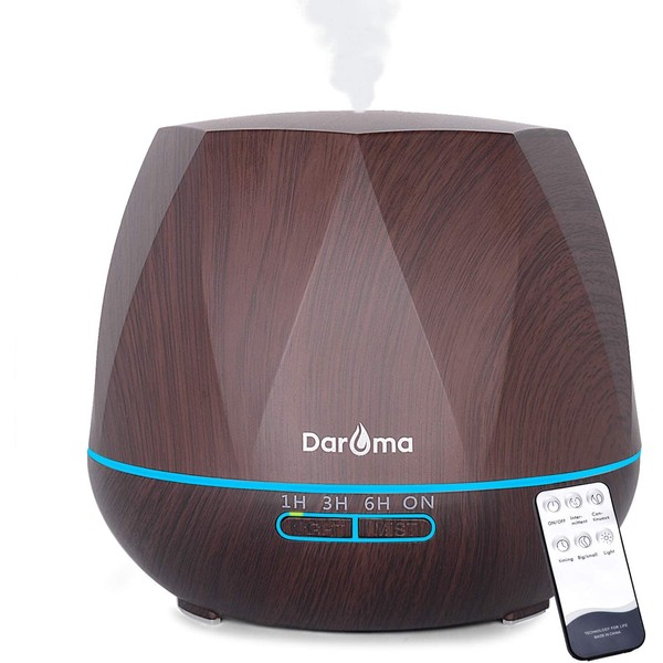 550ml Essential Oil Diffuser, Daroma Upgraded Remote Control 6 in 1 Aromatherapy Ultrasonic Cool Mist Humidifier, 7 Color Changing Mood Lights & Waterless Auto-Off for Home Office Gift, Dark Wood