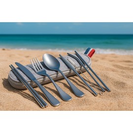 Besteck-Set 304 Edelstahl mit Tasche – Tragbares Campingbesteck Wiederverwendbar – Komplettes Reisebesteck mit Strohhalm & Bürste – Nachhaltiges Set für Unterwegs
