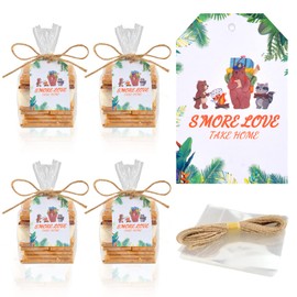 WANGDEFA 100 Pcs Smore Bags Smore Love Bags S'Mores Clear Gusseted Poly Favor Bags Woodland Smores Bag with Favor Tag for Smores Baby Shower Camping Party