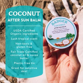 Badger Bálsamo Para Después Del Sol De Coco, 100% Orgánico, Alivia Las Quemaduras Solares, Aroma Delicioso, Hidratante Y Humectante Para El Cuidado De La Piel Después Del Sol, Lata De 57 G(2 Oz) Paque