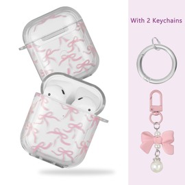 AIIEKZ Compatible with AirPods Case Cover, Soft TPU Case with Cute Flower Pattern for AirPods 2&1 Generation Case with Pendant Keychain and Carabiner for Girls Women (Pink Bow)