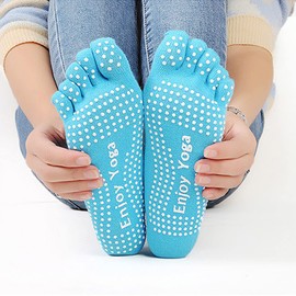 Jinny's Shoppe Women’s Non-Slip Full Toe Grip Yoga Socks – Anti-Skid Cotton Colorful Socks for Pilates, Barre, Ballet, Dance – 1 Pair (Blue)