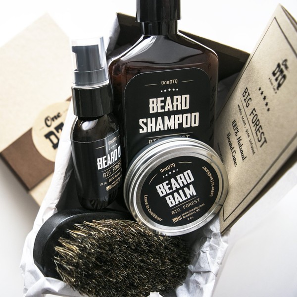 Big Forest Beard Treatment Kit - Shampoo 9 oz - Oil 1 oz - Beard Balm 2 oz - Brush - Wood Scent - 100% Natural and Organic Beard Growth Care Products in Premium Gift Box