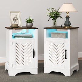 RoyalCraft Farmhouse Nightstand Set of 2, White Night Stand with LED Lights and Charging Station, Bedside Table Set of 2 with Storage and Door, Wood End Table for Bedroom, Home Office, Antique White