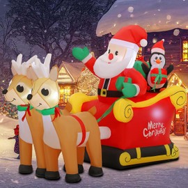 SUNGIFT Christmas Inflatable Santa Sleigh and Reindeer, 6 FT Blow Up Santa Claus on Sleigh with Two Reindeer, Christmas Decorations Outdoor with Build-in LED for Xmas Party Yard Garden Lawn Décor