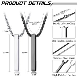 YAODCA Mens Necklaces Stainless Steel Silver and Black Bar Pendant Necklace for Men Women Couples Necklaces Mens Chain Necklace B