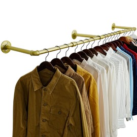 WEBI Industrial Pipe Clothing Rack,65" Wall Mounted Clothes Rack for Hanging Clothes,Heavy Duty Metal Garment Rack Bar Wall Mount Clothing Rod for Closet,Laundry Room,Gold