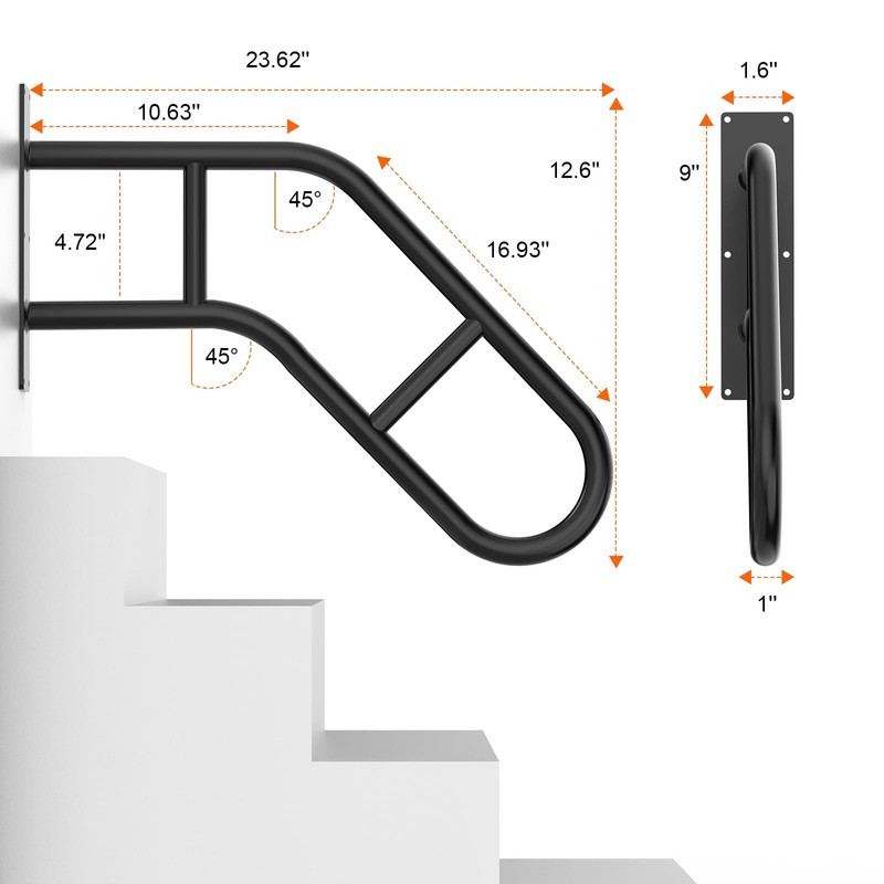Handrails for Outdoor Steps ，22.8" Stair Railing Indoor1-3 Step, U-Shaped