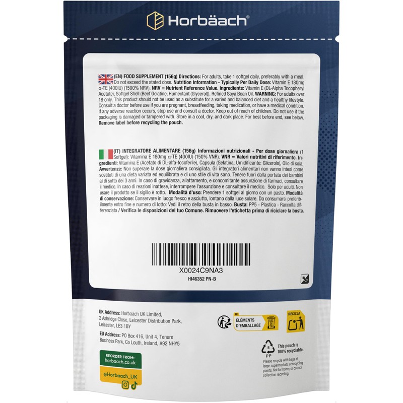 Horbaach Vitamin E Capsules High Dose 400 IU Bioactive Per