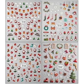 4 Pliegos de Calcomanías 3D Auto-pegables, Stickers Decorativos de Santa, Reno, Arbolito y Copos de Nieve, Pegatinas Sólidas para Manualidades DIY, Uñas, Decoración Facial y Adornos - Fácil de Usar