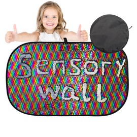 Sensory Sequin Wall Panel 40 x 27 Inch with 6 Shape Stencils – Reversible Flip Fabric Board for Kids & Classrooms, Calming Tactile Doodling Decor, Autism/ADHD Sensory Wall Toy