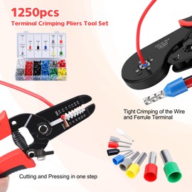Yerbay Ferrule Crimping Tool kit with Wire Strippers and 1250 Wire Terminals Quadrangle Crimper 0.08-16mm² (AWG : 30-5), for Electricians, DIY Repair Use Self-Adjusting Crimping Too, Crimping Pliers