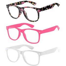 3 Pack Kids Clear Lens Glasses Flowers Black Baby Pink White