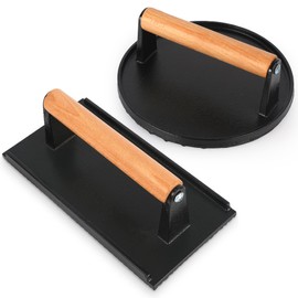 JENNY FRIDA Heavy Duty Cast Iron Burger Press - 7" Round Burger Press & 8.27”X4.13” Rectangle Grill & Bacon Press - Non-Stick Burger Smasher with Wood Handle for Flat Top Grill, BBQ, Stovetop