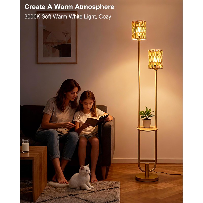 Lightdot 63IN Gold Floor Lamp with 2 Rattan Shades Mid