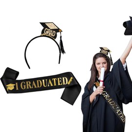 HXLJHALG 2025 Graduation Cap Headband Graduate Satin Sash Grad Decoration Set for Women, Black Bachelor Headband, 2025 College Graduation Party Ceremonial Photo Props for Women Girls