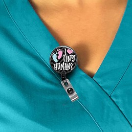 I Love Tiny Humans Retractable Badge Reel, NICU L&D OB Pediatric Badge, Unique Neonatal Nurse Baby Feet Gift, Baby Feet Button Badge Holder