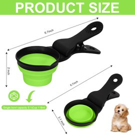 PNEUICALLY Collapsible Dog Food Scoop Foldable Pet Food Bag Clip 3 in 1 Multi-function Silicone Cat Food Measuring Cup Scoop Dog Food Scooper Pet Food Storage Clip (Green, 1/2 Cup Capacity(1 Pack))