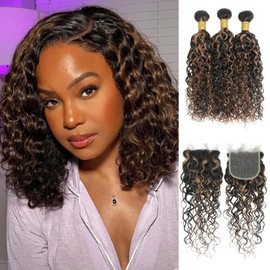 ALHER #F1B/27 Blonde Highlight Water Wave Human Hair Bundles with 5x5 Lace Closure, 12A Wet n Wavy Curly Skunk Stripe Colored Free Part HD Closure with Bundles 100% Remy Hair for Women 14 16 18+14 IN