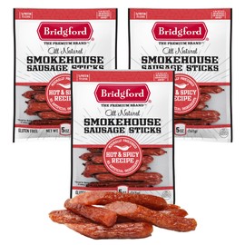 Bridgford Smokehouse Sausage Sticks Hot & Spicy 5 oz Pack of 3 - Gluten-Free High Protein Smoked Sausage Sticks for Many Dietary Preferences - Ready-to-Eat Sausage Sticks for On-the-Go Snacking