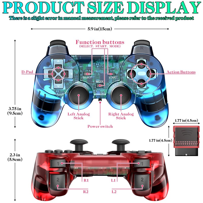 Degulan Wireless Controller Compatible with PS-2 Console, Remote Gamepad for