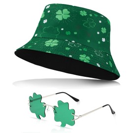 St Patricks Day Bucket Hat Green Leaf Bucket Hat for Women Men Reversible Wear Green Fisherman Travel Beach Party (Style A)