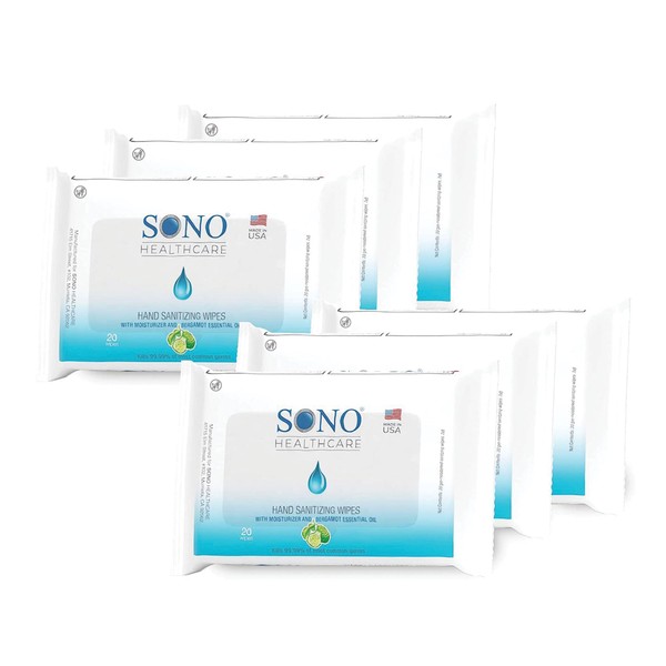SONO Hand Sanitizing Wipes - Medical Grade, Alcohol-free Sanitary Wipes - Sanitizer Wipes with Moisturizer and Bergamot Essential Oil - 6-Pack x 20 Count