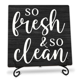 5" Bathroom Wooden Plaque Sign With Metal Support - So Fresh & So Clean - Minimalism Black Rustic Wood Sign Decor For Home Bathroom Laundry Decorations & Gifts - A06