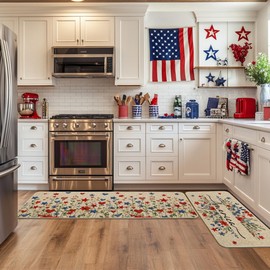 Artoid Mode Multicolor Floral Stars America 4TH of July Kitchen Mats Set of 2, Memorial Day Home Decor Kitchen Rugs for Floor - 17x29 and 17x47 Inch