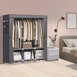 LOKEME Wardrobe Closet,Portable Closet for Bedroom Steel Pipe Diameter 19mm Strong and Sturdy Grey Portable Closets for Hanging Clothes with 3 Hanging rods, 6 Storage Shelves and Side Pockets