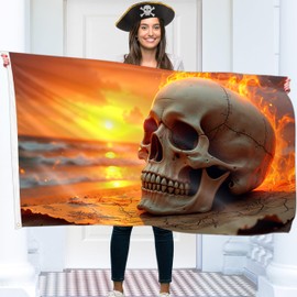 Pirate Flag 90 x 150 cm with Eyelets - Large Pirate Flag Children - Vibrant Digital Print - Pirate Flag Sunset in Flames - Jolly Roger Flag - Double Stitching