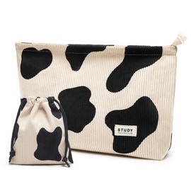 WLLWOO - Bolsa de maquillaje, 2 piezas, cara de sonrisa, bolsa de cosméticos de pana, con cierre, interior, impermeable, cartera, artículos de cambiador de viaje, bolsa de maquillaje pequeña para mujeres, Cute Cow