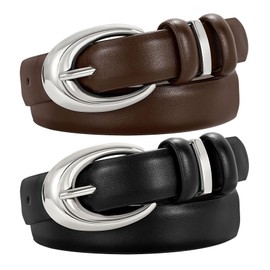 TRIWORKS 2 Pack Women Leather Belt for Jeans Pants Fashion Ladies Skinny Faux Leather Belt with Silver Buckle