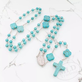Turquoise Stone Bead Catholic Flower Rosary Necklace - 21" 7" Drop, Silver Chain