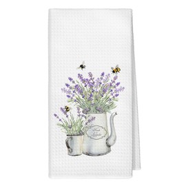 Yjeslw Purple Lavender Floral Kitchen Towels, Rustic Cottagecore Bee Lavender Flower Hand Dish Towels Decor, Rustic Bee Floral Tea Towel for Kitchen Bathroom Decorative, 16x24 Inch