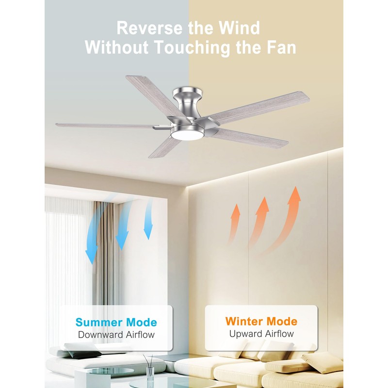 DAMINY 52 inch Nickel Ceiling Fans with Lights,5 Blades,6CCT, Low