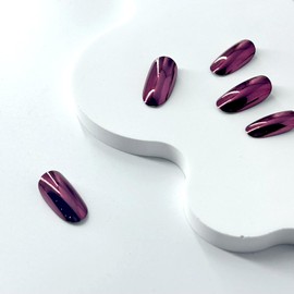 Medium Press on Nails Chrome Dark Red Almond Fake Nails,Chrome Powder Glazed Acrylic Nails, Shiny Glossy Gel False Nails Kits Salon Quality Stick Glue on Nails Tip 24 Pcs