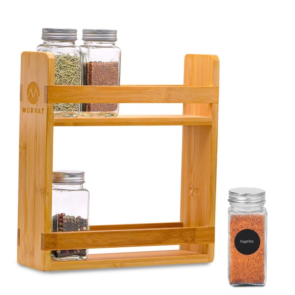Morvat Bamboo Wooden Spice Jar Rack, 2-Tiered Seasoning Holder Organizer Set with 2 Shelves, Spice Storage Shelf for Kitchen Pantry & Cabinet, Counter or Wall Mount Option with Included Hardware