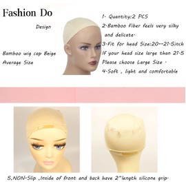 2 Packs Bamboo wig Cap Elastic Comfortable silicone gripWearing liner (Average, Beige)