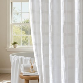 Lameirose Extra Long White Shower Curtain Farmhouse,72 x 96 Cotton Blend Waffle Tufted Striped Chic Textured Fabric Shower Curtain for Bathroom, Hotel, Washable