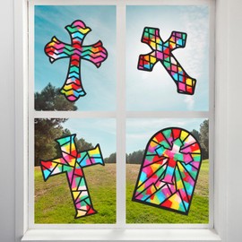 Yeaqee 24 Pack Cross DIY Suncatcher Paper Crafts Easter Crafts for Kids Religious Easter Cross Paper Suncatchers Great for Sunday School Crafts Classroom Arts and Crafts Party Favors