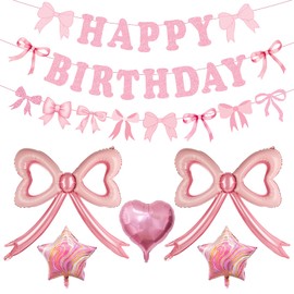 Pink Bow Happy Birthday Decorations - Large Bow Balloons Banner for Coquette Birthday Decorations Foil Balloons for Girls Women Pink Coquette Themed Party Decor