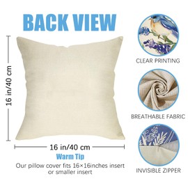 Fahrendom Hello Spring Bluebird Decorative Throw Pillow Covers 16 x 16 Set of 4, Lavender Flower Stay Awhile Porch Patio Outdoor Pillowcase, Blue Floral Seasonal Sofa Couch Cushion Case Home Decor