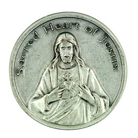 The Sacred Heart of Jesus Christ Silver Tone Pocket Token with Prayer Back by Lumen Mundi