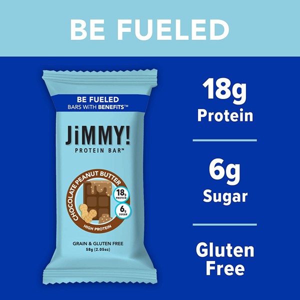 JIMMY! Chocolate Peanut Butter High Protein Bars - Low Sugar Energy Bars with Peanut Butter Chocolate | Chocolate Peanut Butter Flavor w/ 18g of Protein | Healthy Meal Replacement bars | Grain & Gluten Free Protein Bars, 12 Count