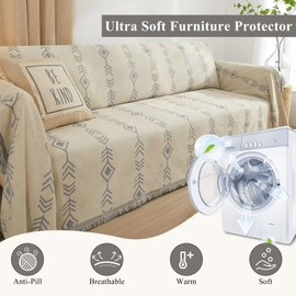 VClife Boho Sofa Cover Washable Couch Covers for Dog, Non Slip Throw Couch Cover for 3 Cushion Couch Sofa Pet Furniture Protector Sectional Sofa Couch Cover Slipcover with Tassel, Beige Gray, 71"x134"